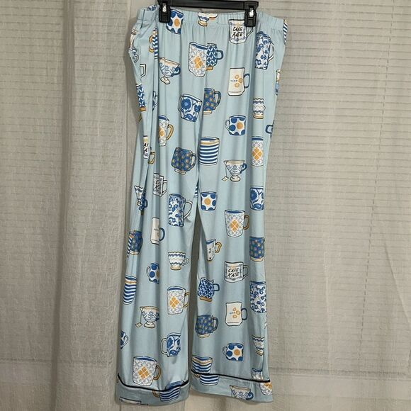 kate spade XLβLight Blue Tea Coffee Print Notch Collar 3/4 Sleeve Pants PJ Set - Picture 16 of 17